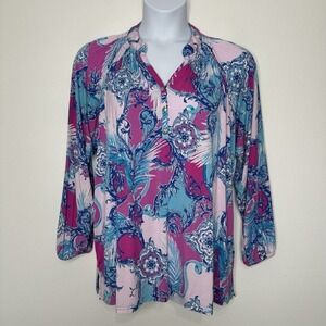 Belle by Kim Gravel Peasant Top Size M Pink Blue Paisley Long Sleeve Relaxed